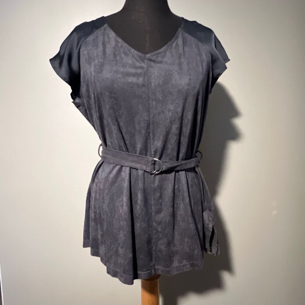 NY Collection Women's Black Gray V-Neck Faux Suede Belted Shirt Top Medium